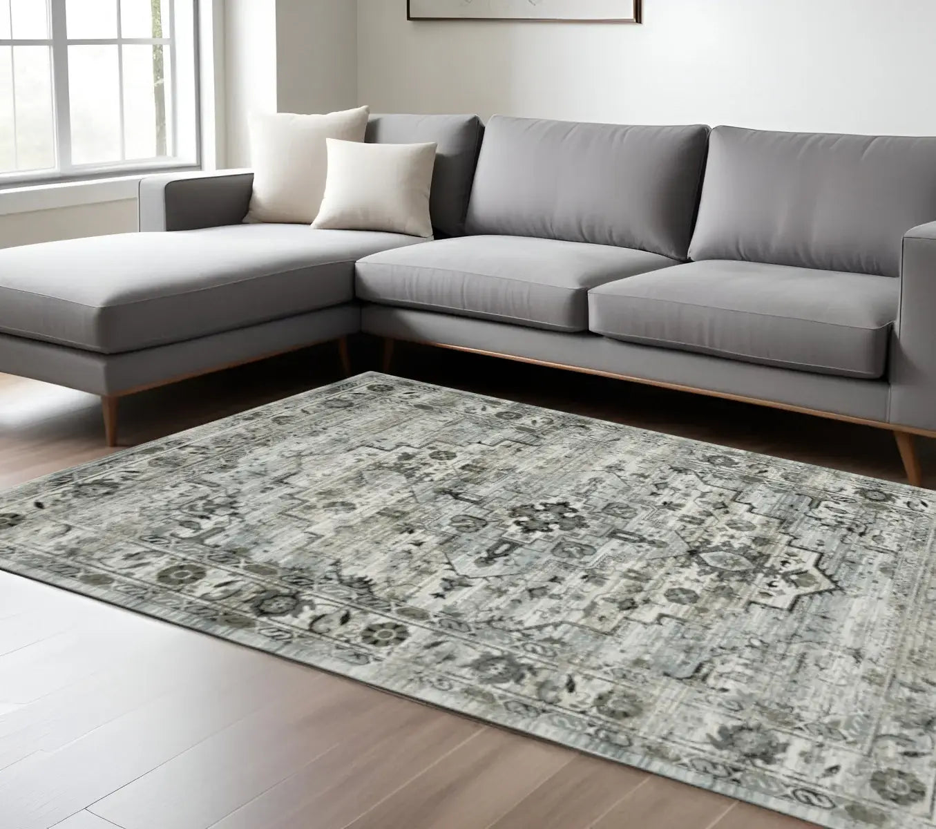 6' X 9' Ivory Grey Charcoal Blue And Taupe Oriental Power Loom Stain Resistant Area Rug - Homeroots - Flyclothing LLC