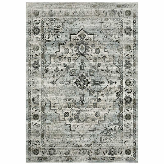 8' X 11' Ivory Grey Charcoal Blue And Taupe Oriental Power Loom Stain Resistant Area Rug - Homeroots - Flyclothing LLC