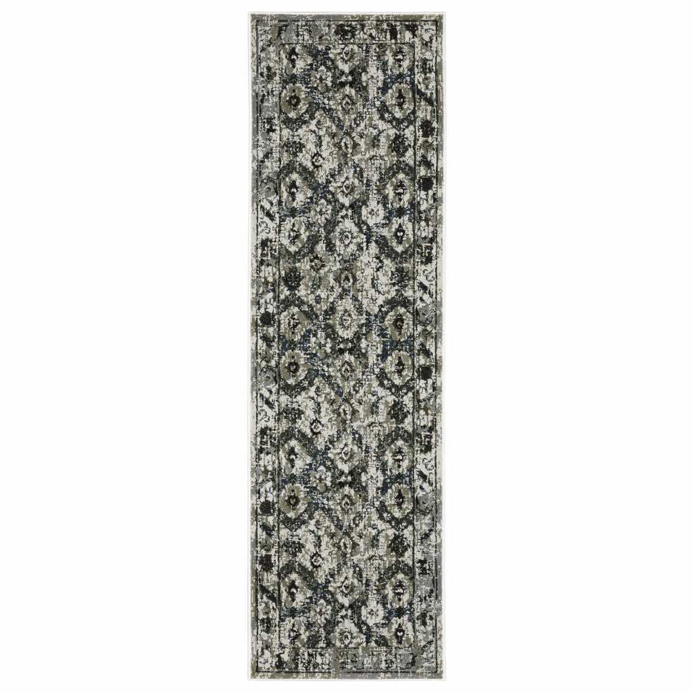 2' X 8' Ivory Charcoal Grey Blue Rust Gold And Brown Oriental Power Loom Stain Resistant Runner Rug - Homeroots - Flyclothing LLC