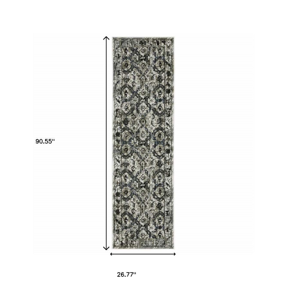 2' X 8' Ivory Charcoal Grey Blue Rust Gold And Brown Oriental Power Loom Stain Resistant Runner Rug - Homeroots - Flyclothing LLC