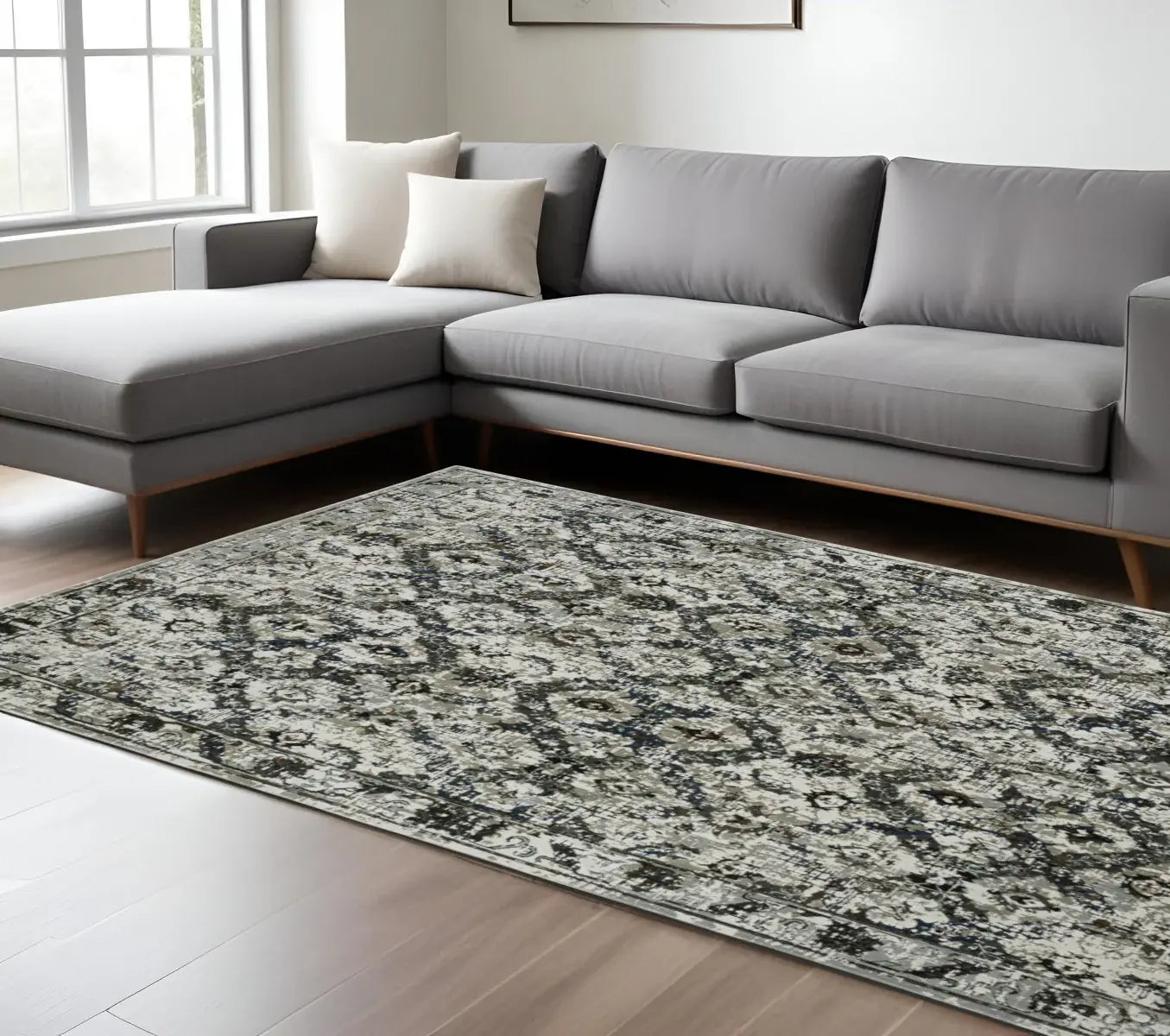 6' X 9' Ivory Charcoal Grey Blue Rust Gold And Brown Oriental Power Loom Stain Resistant Area Rug - Homeroots - Flyclothing LLC