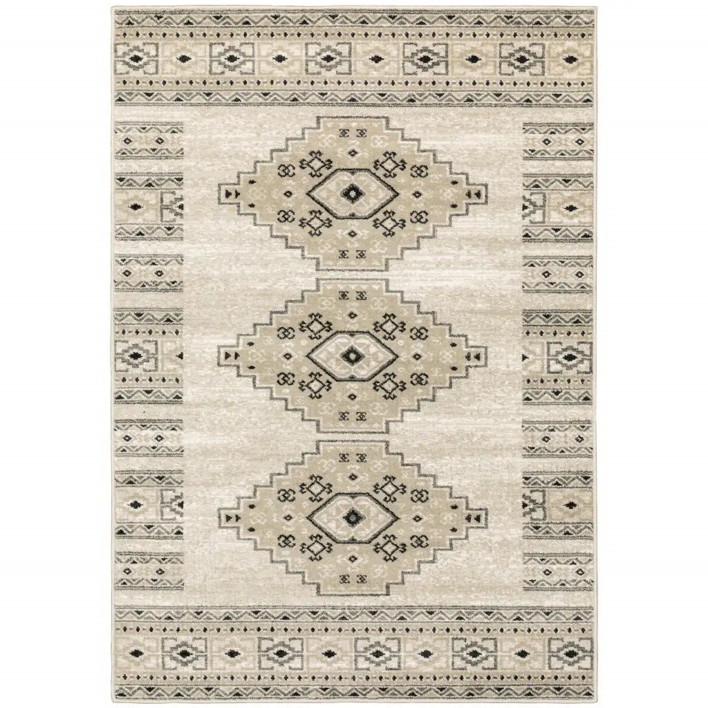 10' X 13' Ivory Grey Black And Ivory Southwestern Power Loom Stain Resistant Area Rug - Homeroots - Flyclothing LLC