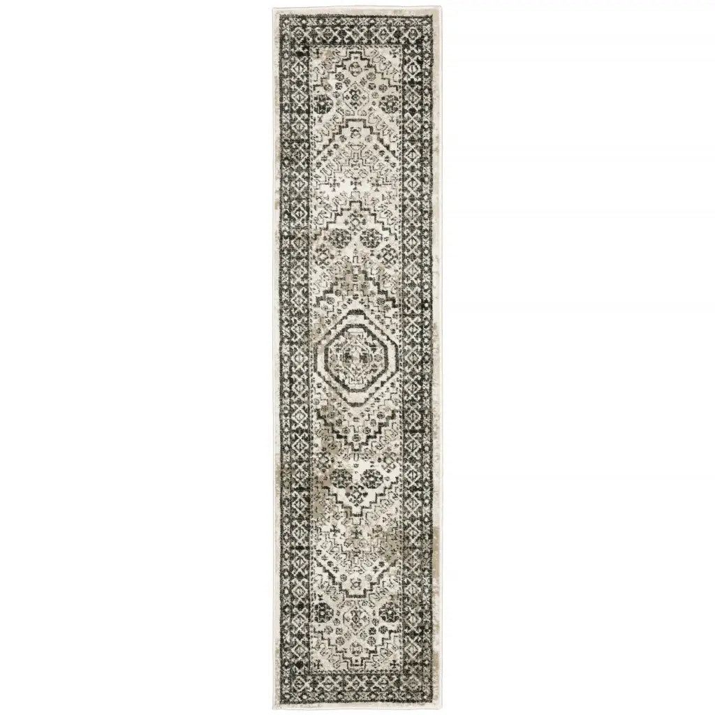 2' X 8' Ivory Grey Black And Ivory Oriental Power Loom Stain Resistant Runner Rug - Homeroots - Flyclothing LLC