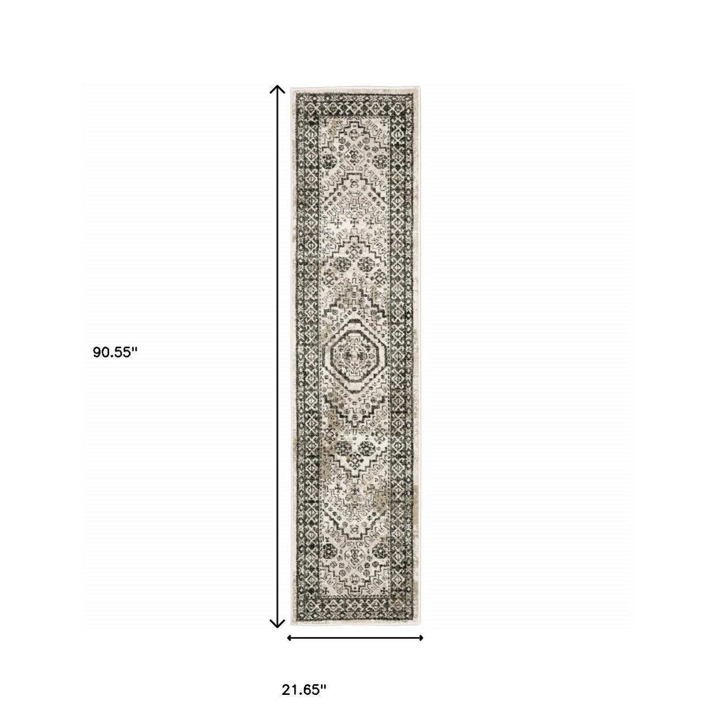 2' X 8' Ivory Grey Black And Ivory Oriental Power Loom Stain Resistant Runner Rug - Homeroots - Flyclothing LLC