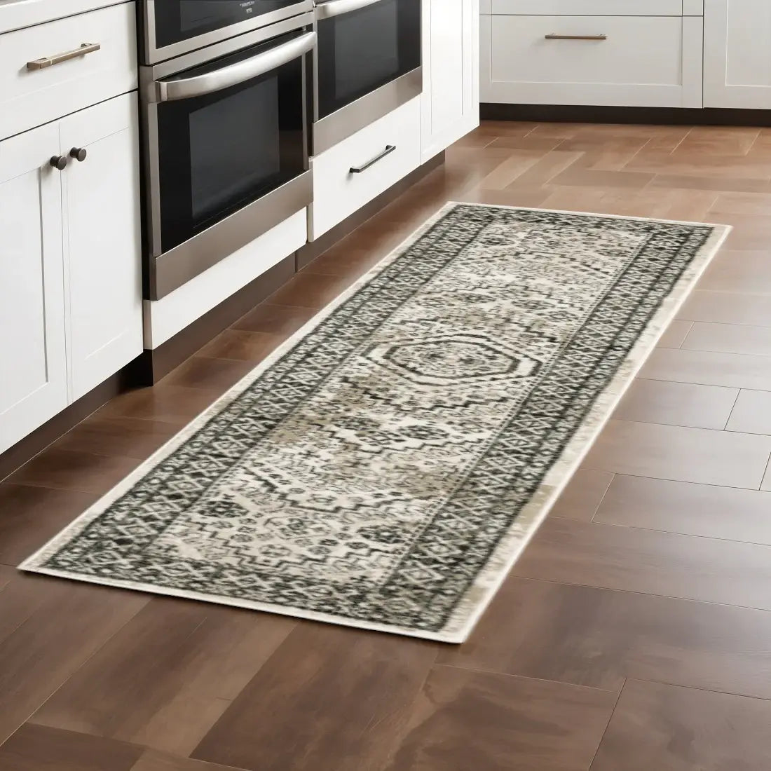 2' X 8' Ivory Grey Black And Ivory Oriental Power Loom Stain Resistant Runner Rug - Homeroots - Flyclothing LLC