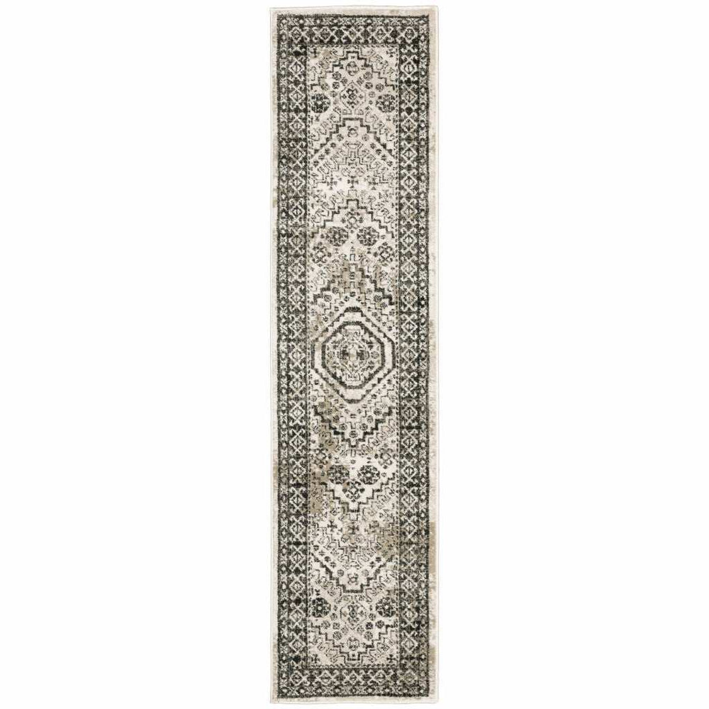 2' X 8' Ivory Grey Black And Ivory Oriental Power Loom Stain Resistant Runner Rug - Homeroots - Flyclothing LLC