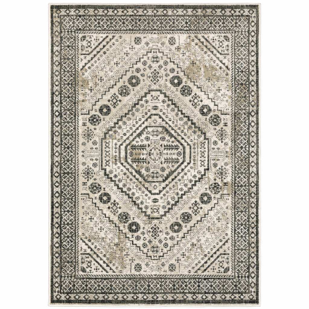 8' X 10' Ivory Grey Black And Ivory Oriental Power Loom Stain Resistant Area Rug - Homeroots - Flyclothing LLC