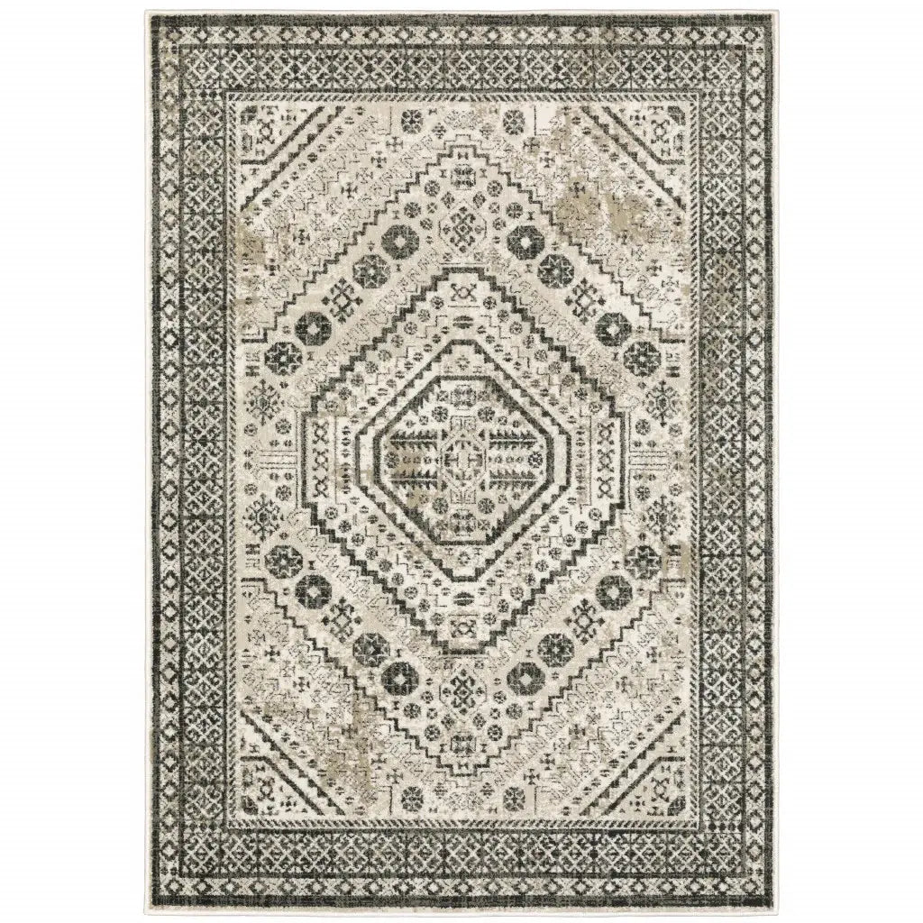 10' X 13' Ivory Grey Black And Ivory Oriental Power Loom Stain Resistant Area Rug - Homeroots - Flyclothing LLC
