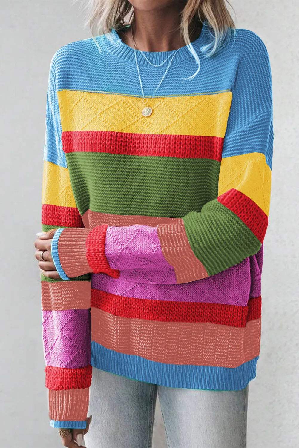 Contrast Round Neck Dropped Shoulder Sweater - Trendsi - Flyclothing LLC