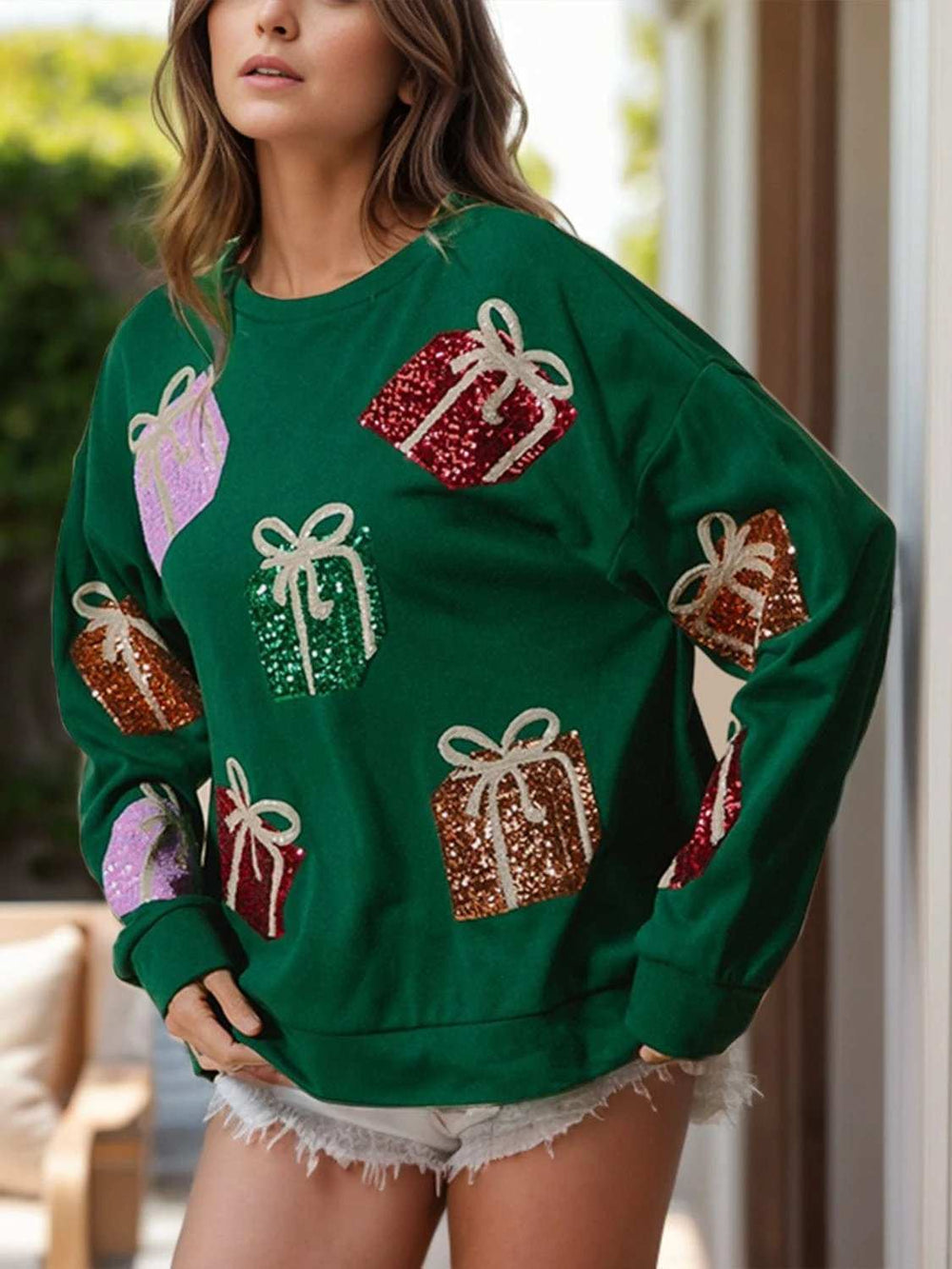 Sequin Gift Box Long Sleeve Sweatshirt - Trendsi - Flyclothing LLC