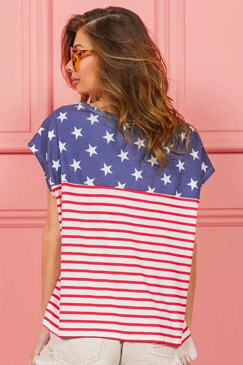 BiBi Star Rpinted with Stripe Combo Top - Trendsi - Flyclothing LLC