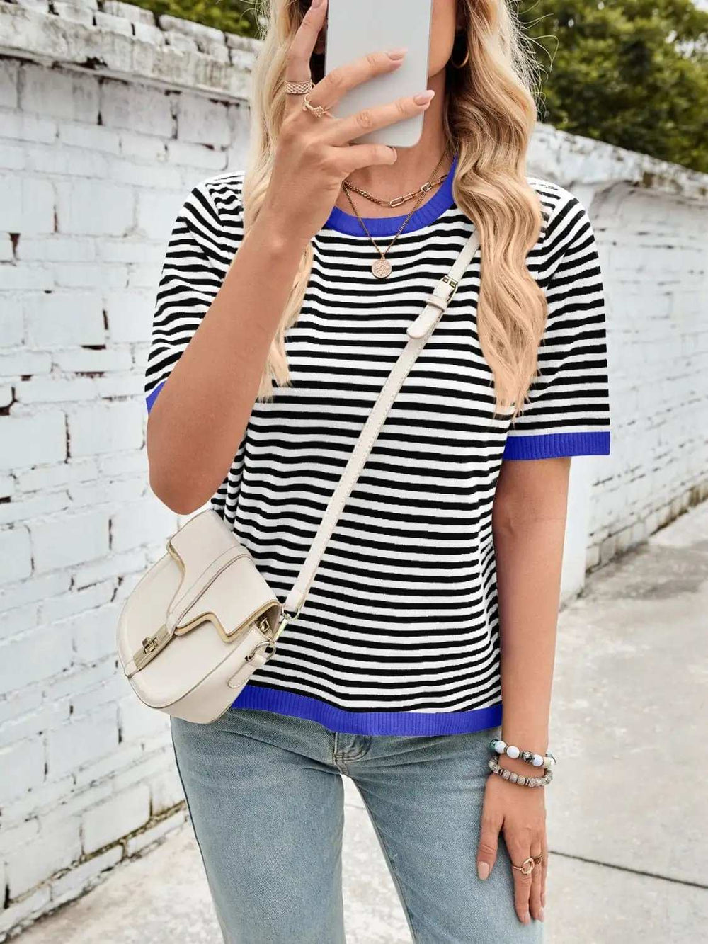 Lovelet Striped Contrast Round Neck Half Sleeve Knit Top - Trendsi - Flyclothing LLC