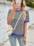 Lovelet Striped Contrast Round Neck Half Sleeve Knit Top - Trendsi - Flyclothing LLC