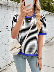 Lovelet Striped Contrast Round Neck Half Sleeve Knit Top - Trendsi