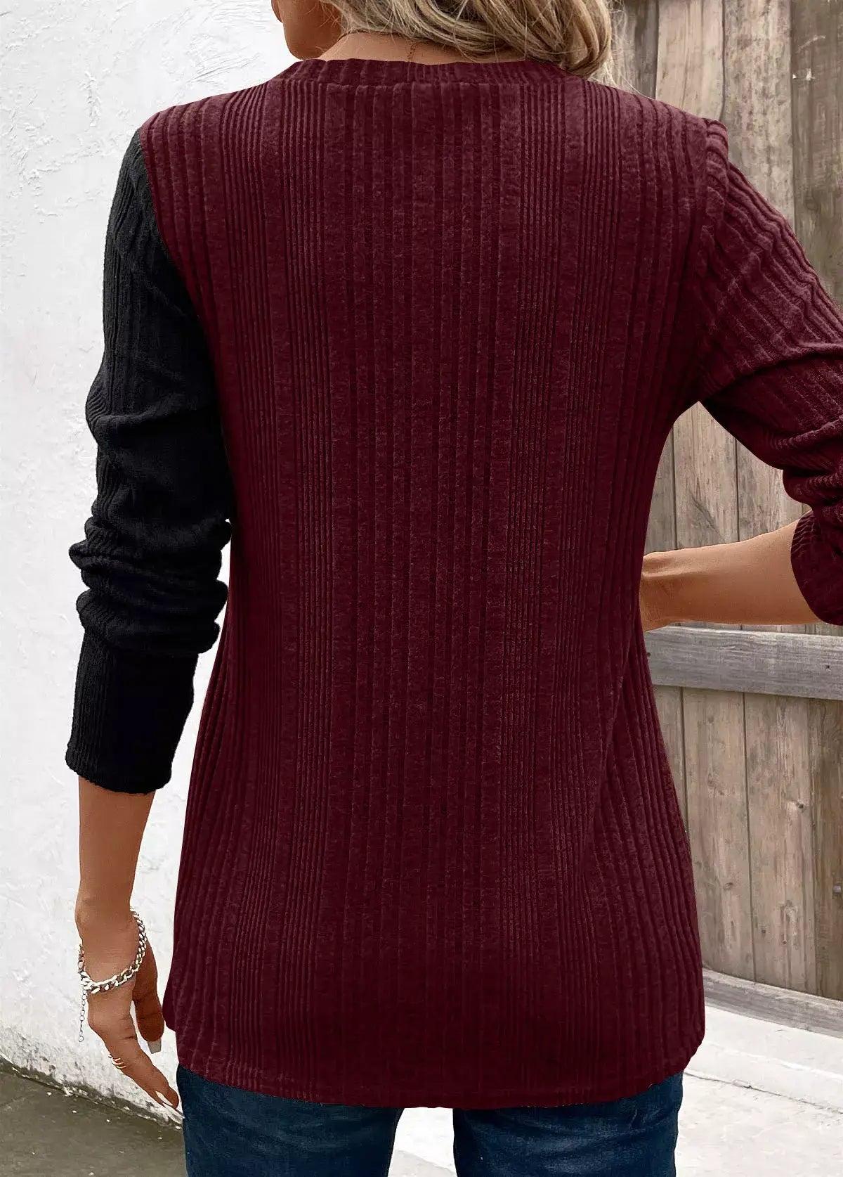 Color Block Ribbed Knit Decor Button T-Shirt - Trendsi - Flyclothing LLC