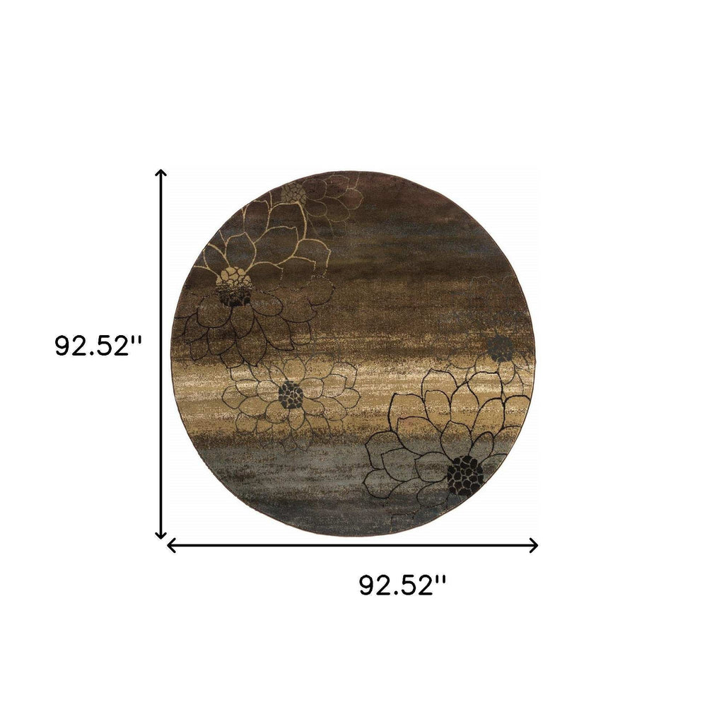 8' Brown Round Floral Power Loom Stain Resistant Area Rug - Homeroots - Flyclothing LLC