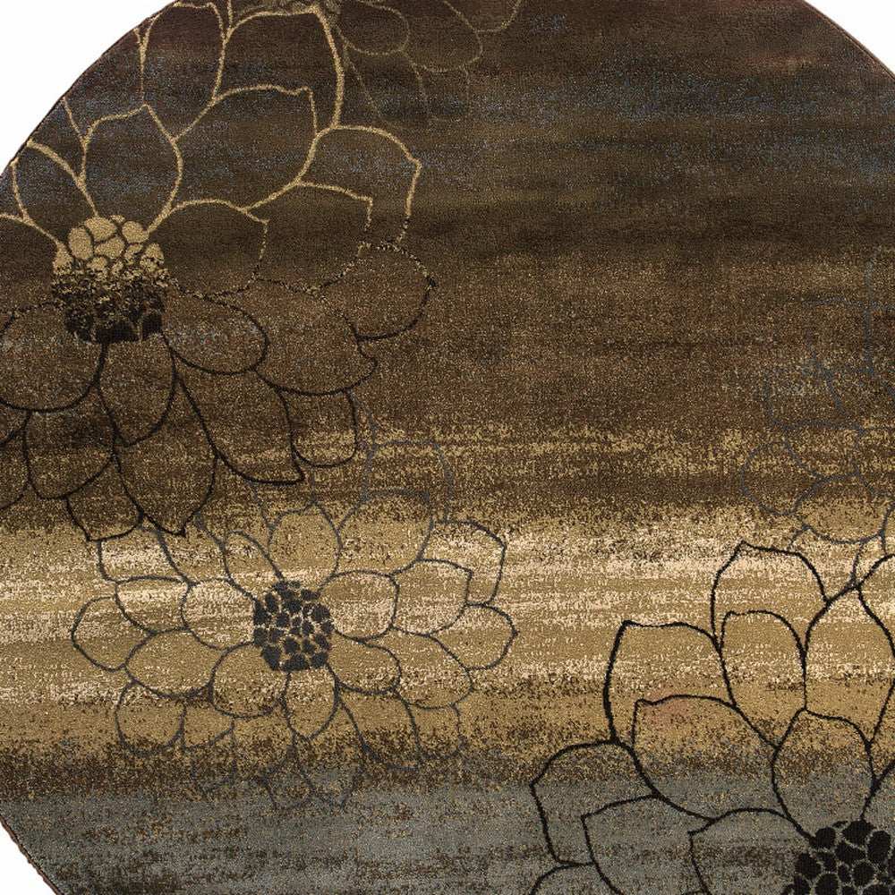 8' Brown Round Floral Power Loom Stain Resistant Area Rug - Homeroots - Flyclothing LLC