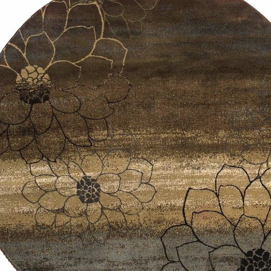 8' Brown Round Floral Power Loom Stain Resistant Area Rug - Homeroots - Flyclothing LLC