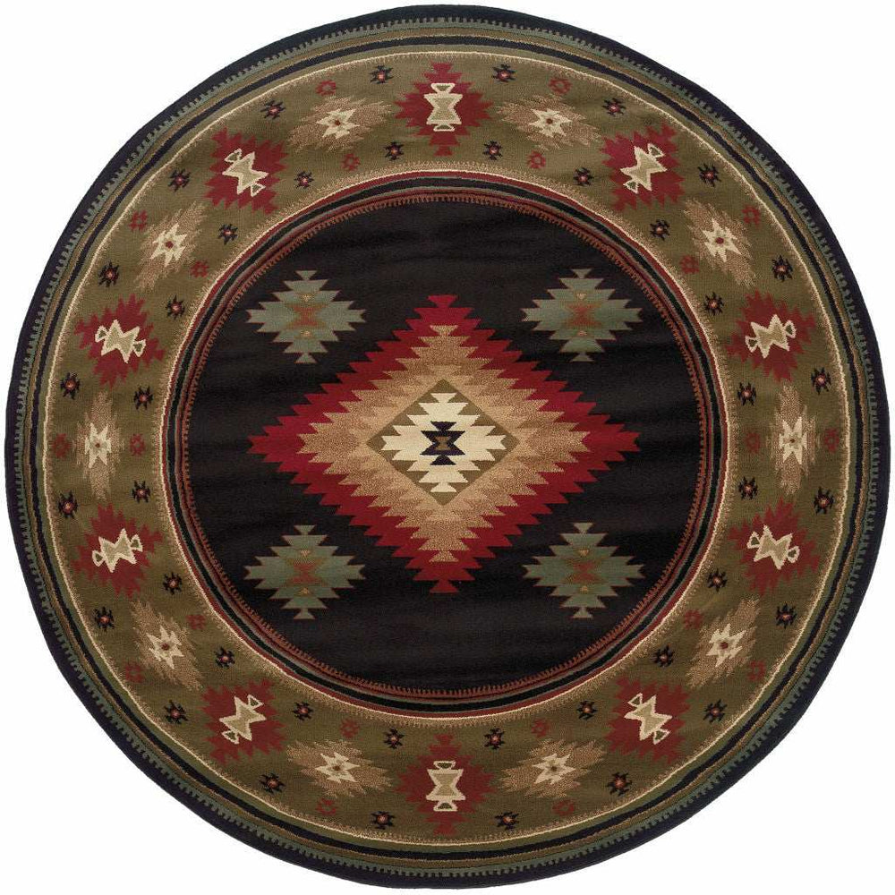 8' Black Round Southwestern Power Loom Stain Resistant Area Rug - Homeroots - Flyclothing LLC