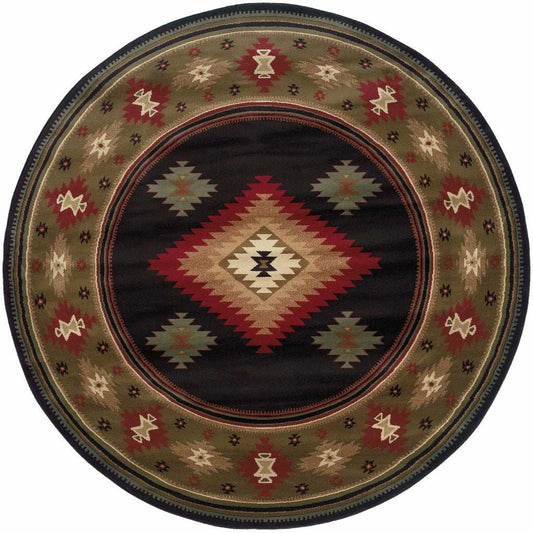 8' Black Round Southwestern Power Loom Stain Resistant Area Rug - Homeroots - Flyclothing LLC