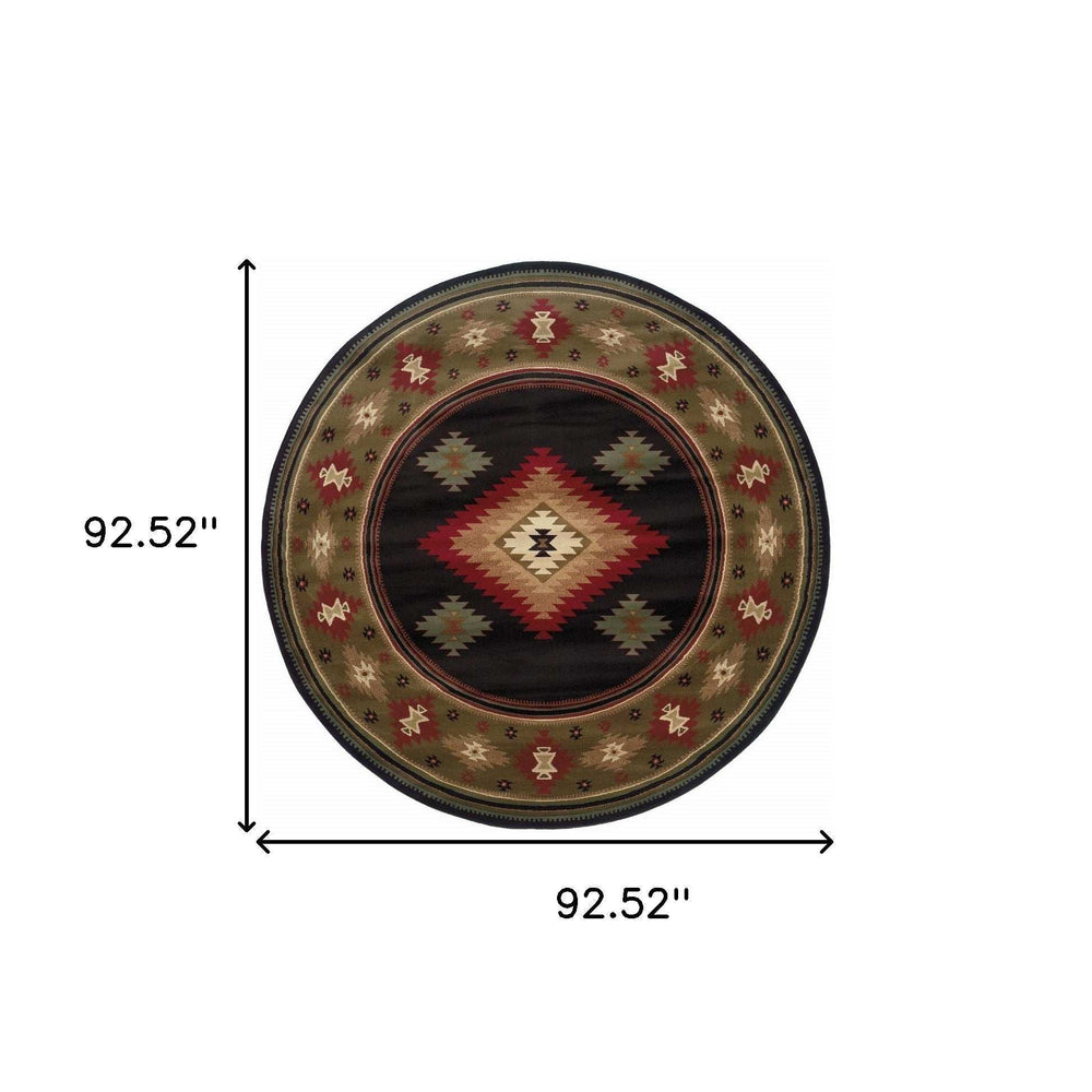 8' Black Round Southwestern Power Loom Stain Resistant Area Rug - Homeroots - Flyclothing LLC