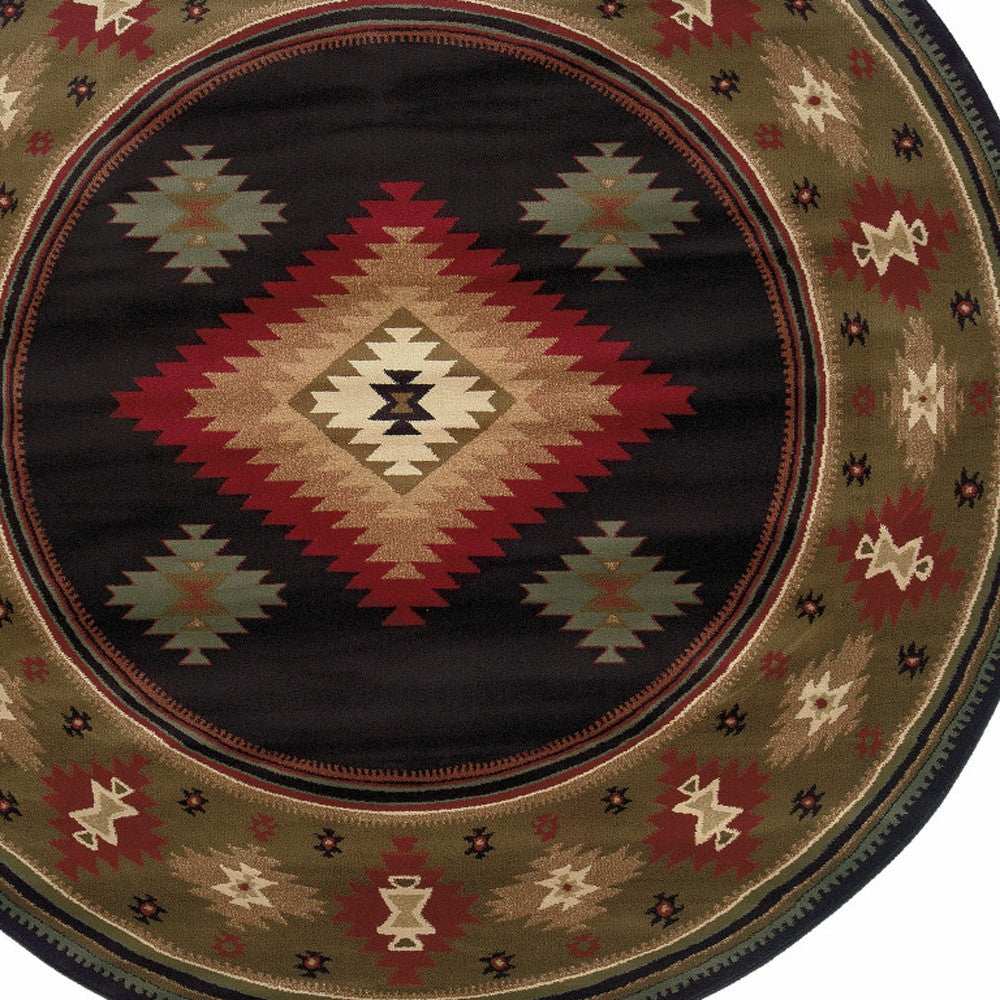 8' Black Round Southwestern Power Loom Stain Resistant Area Rug - Homeroots - Flyclothing LLC