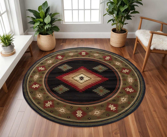 8' Black Round Southwestern Power Loom Stain Resistant Area Rug - Homeroots - Flyclothing LLC