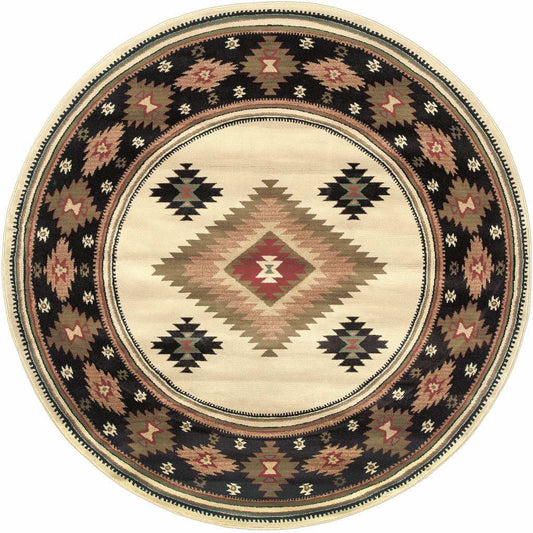8' Beige Round Southwestern Power Loom Stain Resistant Area Rug - Homeroots - Flyclothing LLC