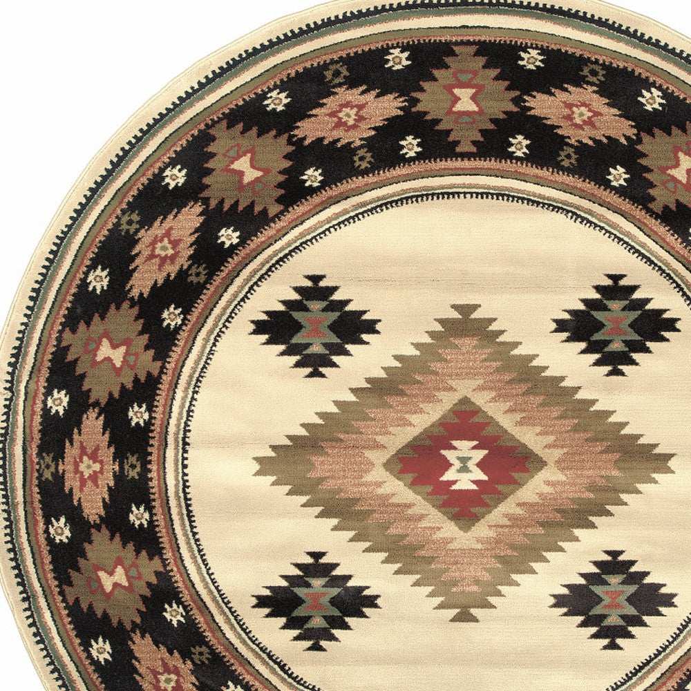 8' Beige Round Southwestern Power Loom Stain Resistant Area Rug - Homeroots - Flyclothing LLC