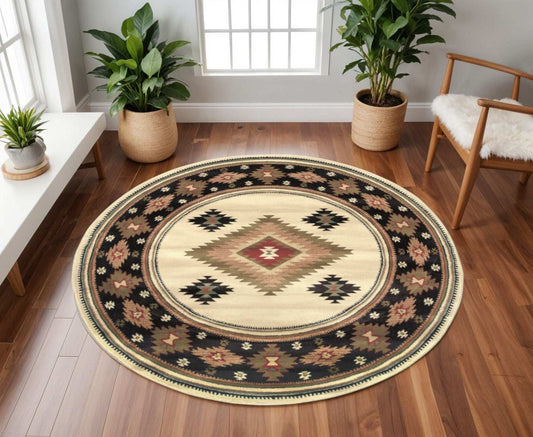 8' Beige Round Southwestern Power Loom Stain Resistant Area Rug - Homeroots - Flyclothing LLC