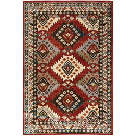 10' X 13' Red Deep Teal Ivory Grey And Green Southwestern Power Loom Stain Resistant Area Rug - Homeroots - Flyclothing LLC
