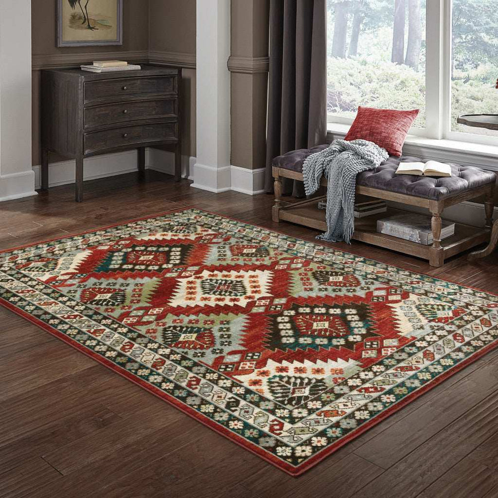 10' X 13' Red Deep Teal Ivory Grey And Green Southwestern Power Loom Stain Resistant Area Rug - Homeroots - Flyclothing LLC