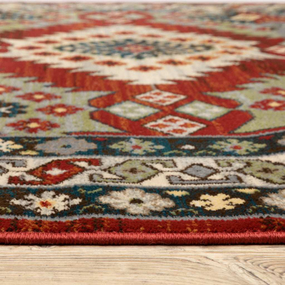 10' X 13' Red Deep Teal Ivory Grey And Green Southwestern Power Loom Stain Resistant Area Rug - Homeroots - Flyclothing LLC