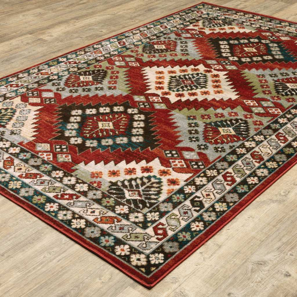 10' X 13' Red Deep Teal Ivory Grey And Green Southwestern Power Loom Stain Resistant Area Rug - Homeroots - Flyclothing LLC