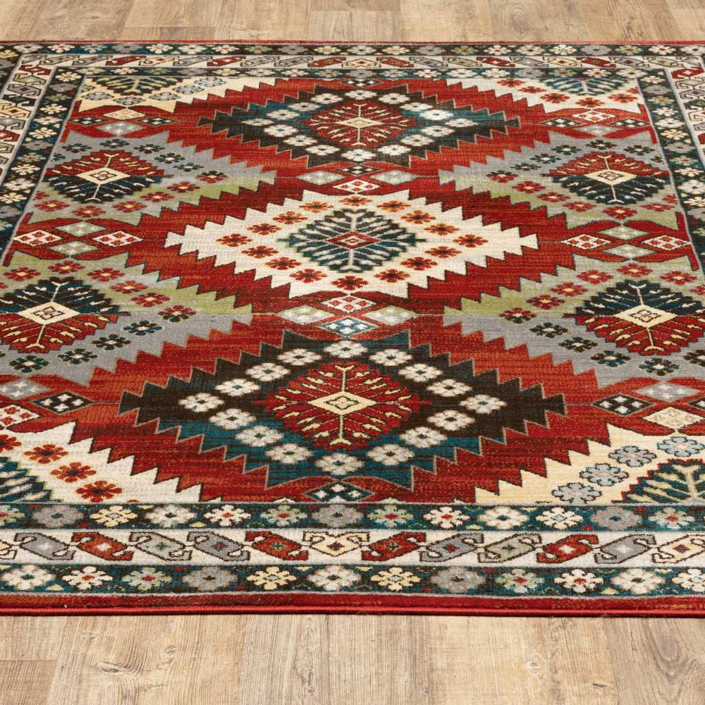 10' X 13' Red Deep Teal Ivory Grey And Green Southwestern Power Loom Stain Resistant Area Rug - Homeroots - Flyclothing LLC