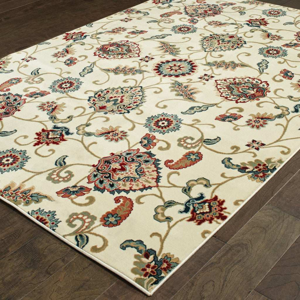 2' X 4' Ivory Green Blue Red Salmon And Yellow Floral Power Loom Stain Resistant Area Rug - Homeroots - Flyclothing LLC