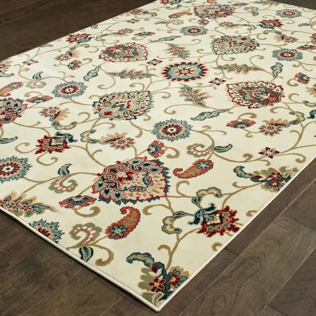 6' X 9' Ivory Green Blue Red Salmon And Yellow Floral Power Loom Stain Resistant Area Rug - Homeroots - Flyclothing LLC