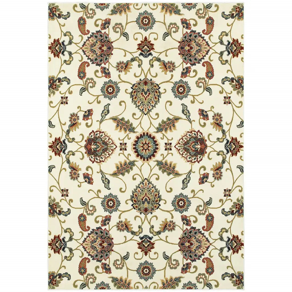 8' X 11' Ivory Green Blue Red Salmon And Yellow Floral Power Loom Stain Resistant Area Rug - Homeroots - Flyclothing LLC