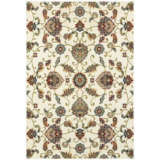 8' X 11' Ivory Green Blue Red Salmon And Yellow Floral Power Loom Stain Resistant Area Rug - Homeroots - Flyclothing LLC