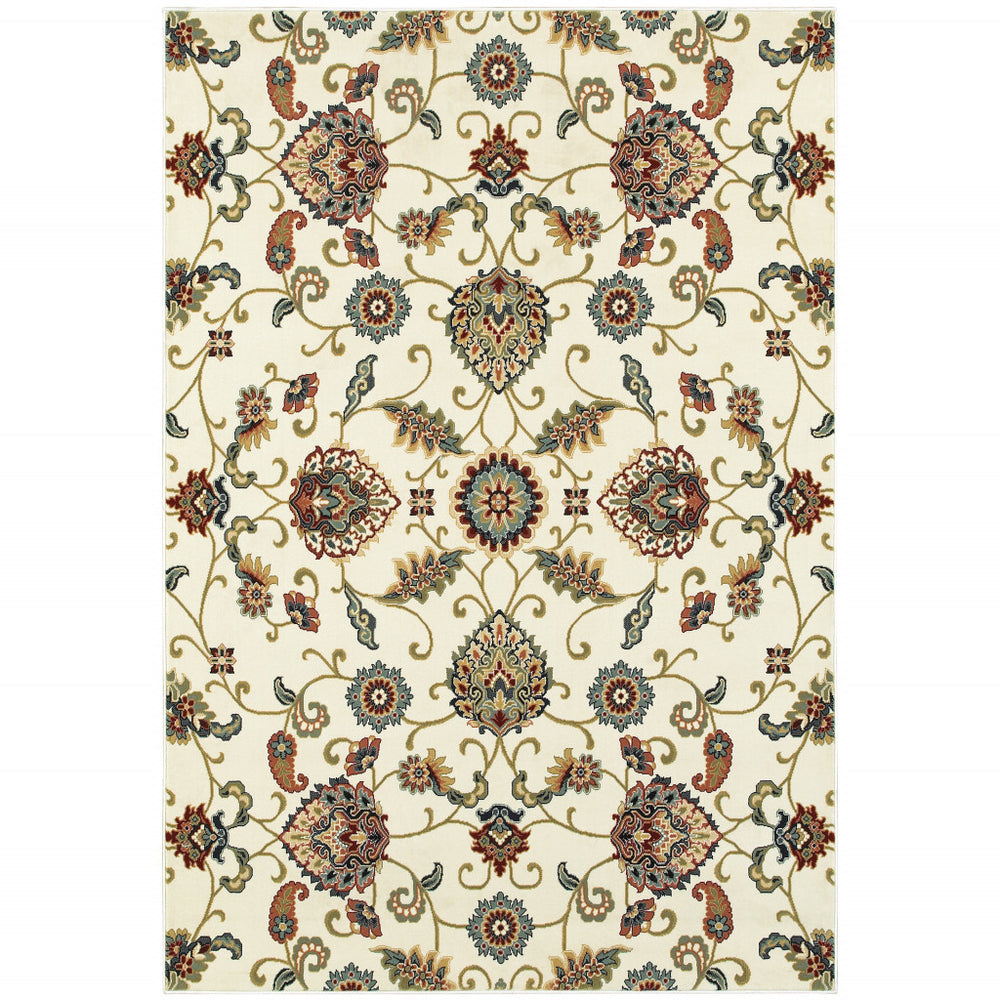 10' X 13' Ivory Green Blue Red Salmon And Yellow Floral Power Loom Stain Resistant Area Rug - Homeroots