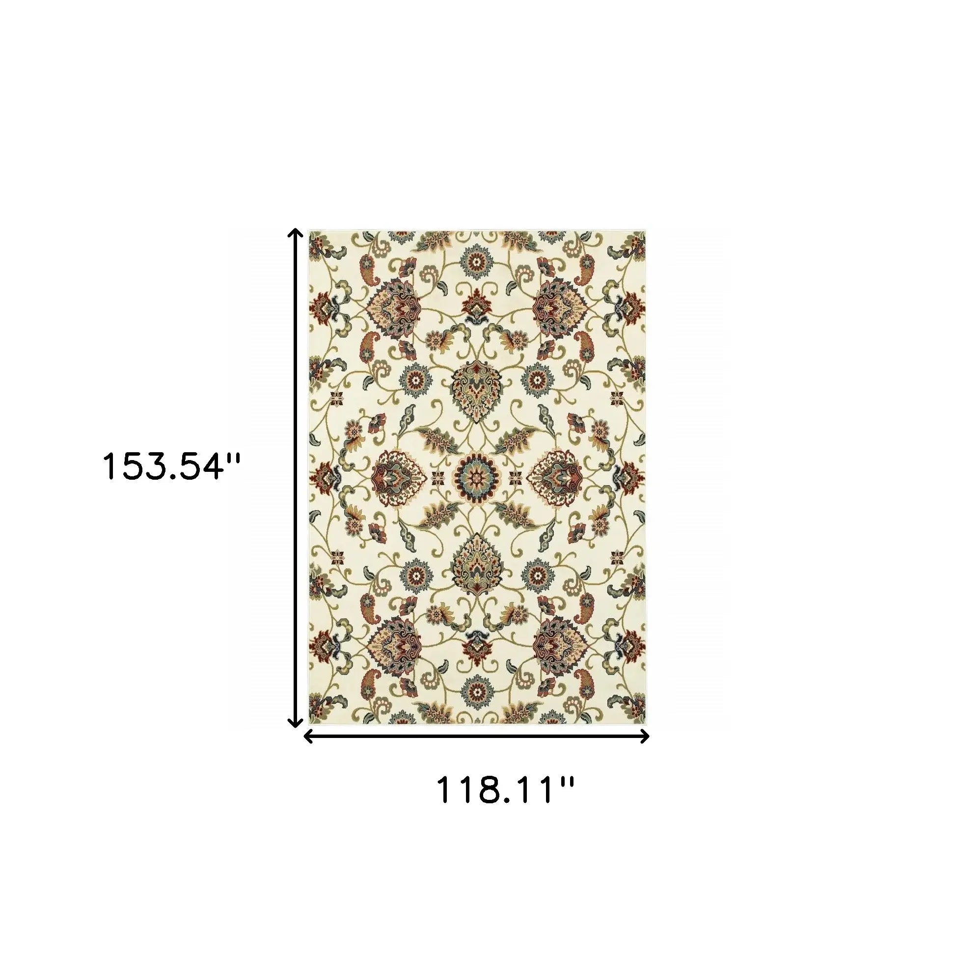 10' X 13' Ivory Green Blue Red Salmon And Yellow Floral Power Loom Stain Resistant Area Rug - Homeroots - Flyclothing LLC