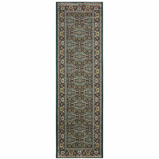 2' X 8' Navy Blue Green Red Ivory And Yellow Oriental Power Loom Stain Resistant Runner Rug - Homeroots - Flyclothing LLC