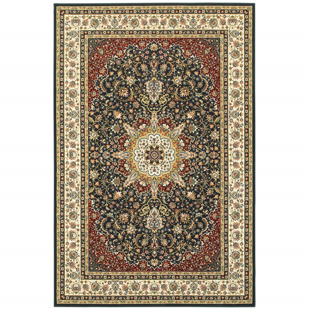 2' X 4' Navy And Ivory Oriental Power Loom Stain Resistant Area Rug