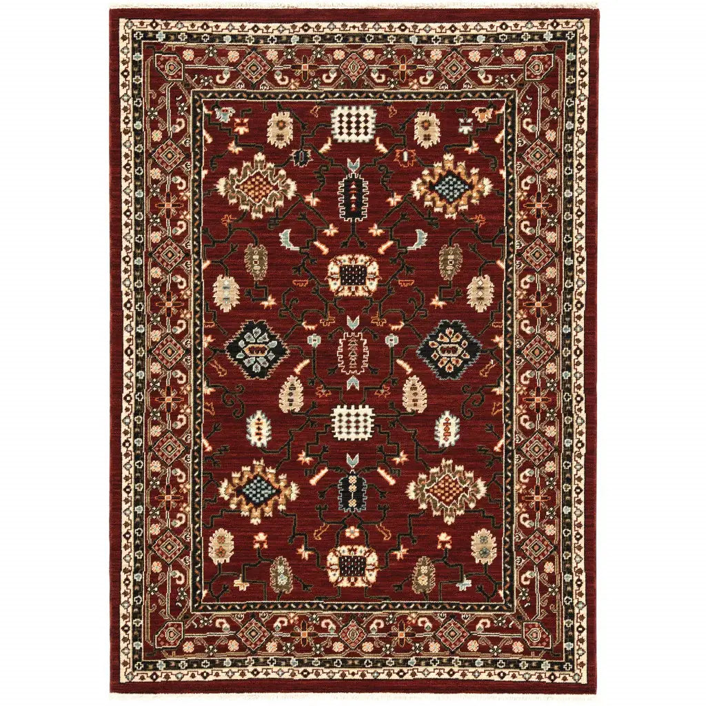2' X 3' Red Black Ivory And Brown Oriental Power Loom Stain Resistant Area Rug With Fringe - Homeroots - Flyclothing LLC