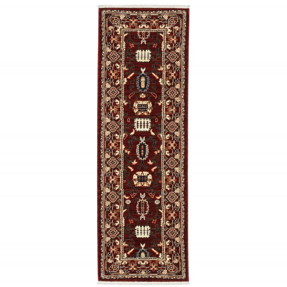 2' X 6' Red Black Ivory And Brown Oriental Power Loom Stain Resistant Runner Rug With Fringe - Homeroots