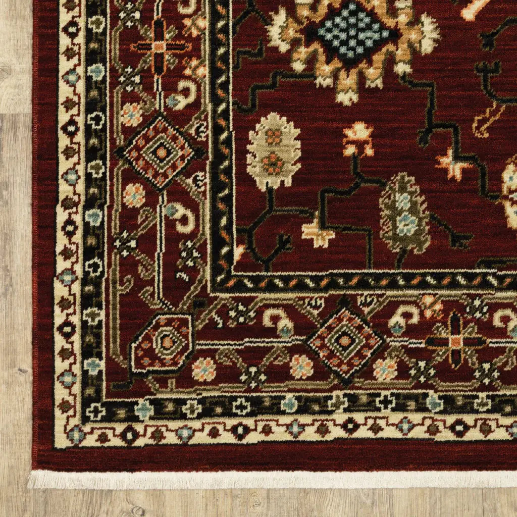 2' X 6' Red Black Ivory And Brown Oriental Power Loom Stain Resistant Runner Rug With Fringe - Homeroots - Flyclothing LLC