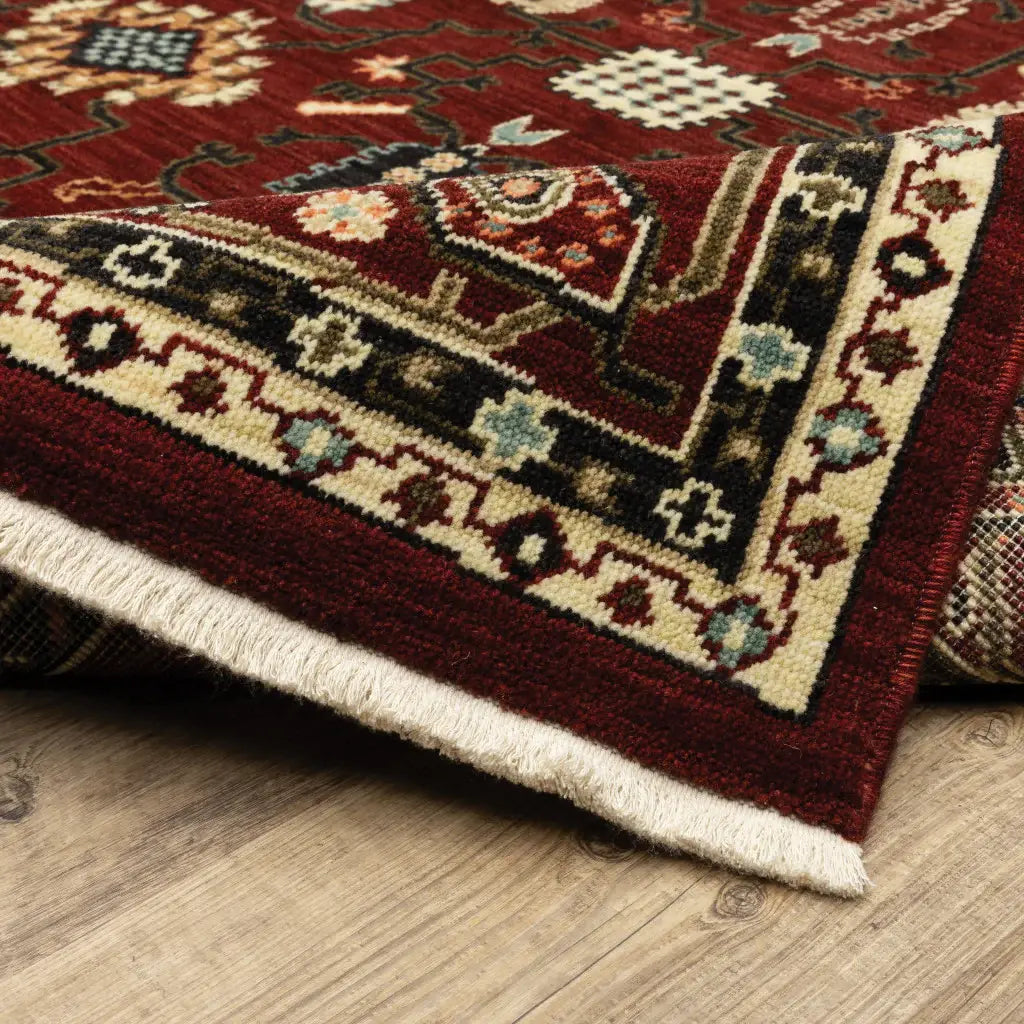 2' X 6' Red Black Ivory And Brown Oriental Power Loom Stain Resistant Runner Rug With Fringe - Homeroots - Flyclothing LLC