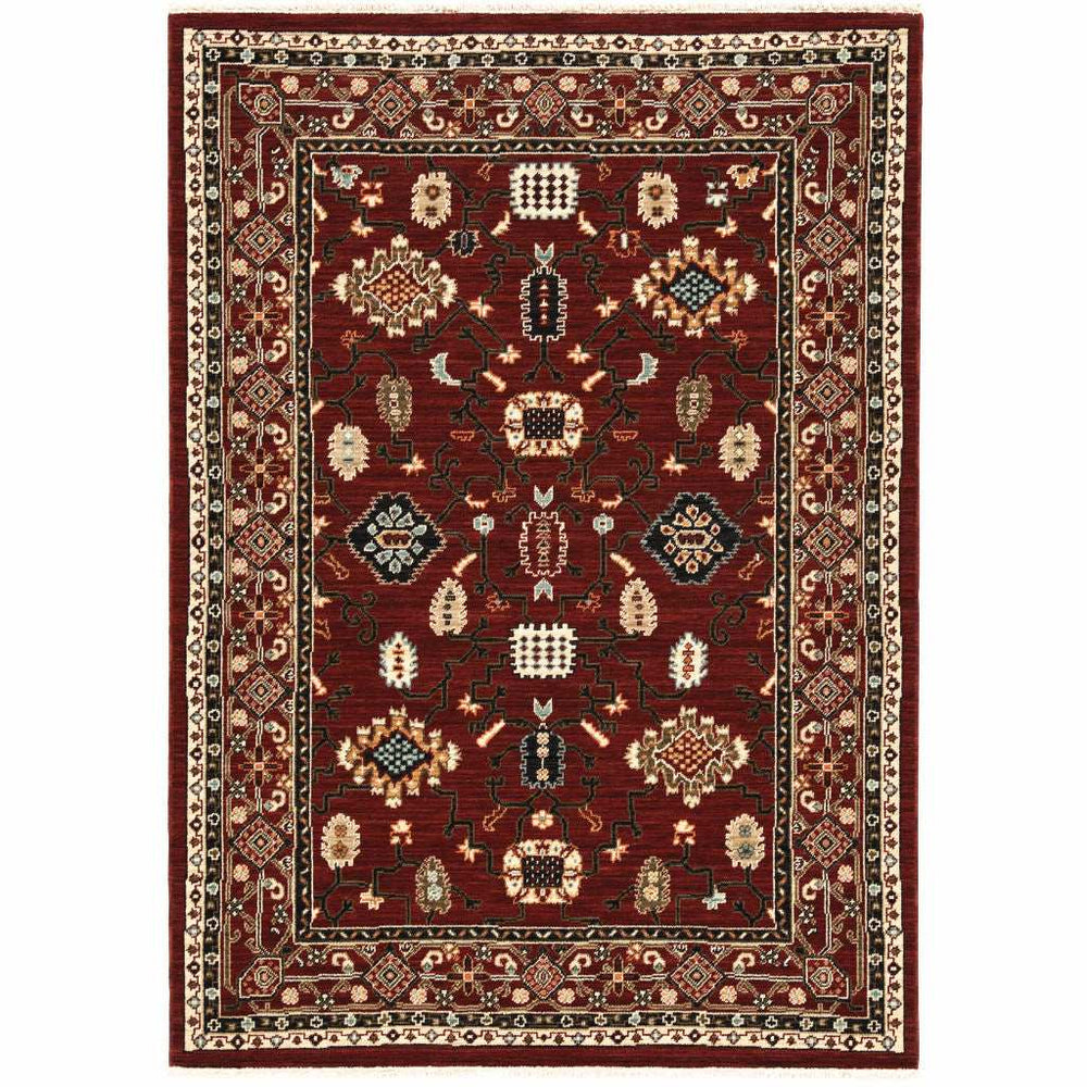 3' X 5' Red Black Ivory And Brown Oriental Power Loom Stain Resistant Area Rug With Fringe - Homeroots - Flyclothing LLC