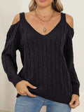 Cable-Knit V-Neck Long Sleeve Sweater - Trendsi - Flyclothing LLC