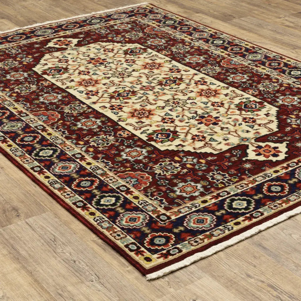 2' X 3' Red Ivory Blue And Orange Oriental Power Loom Stain Resistant Area Rug With Fringe - Homeroots - Flyclothing LLC